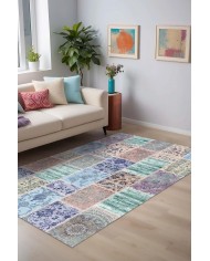 Ekos Patchwork Desenli Pamuk Tabanlı Yıkanabilen Kaydırmaz Antibakteriyel Şönil Salon Halısı