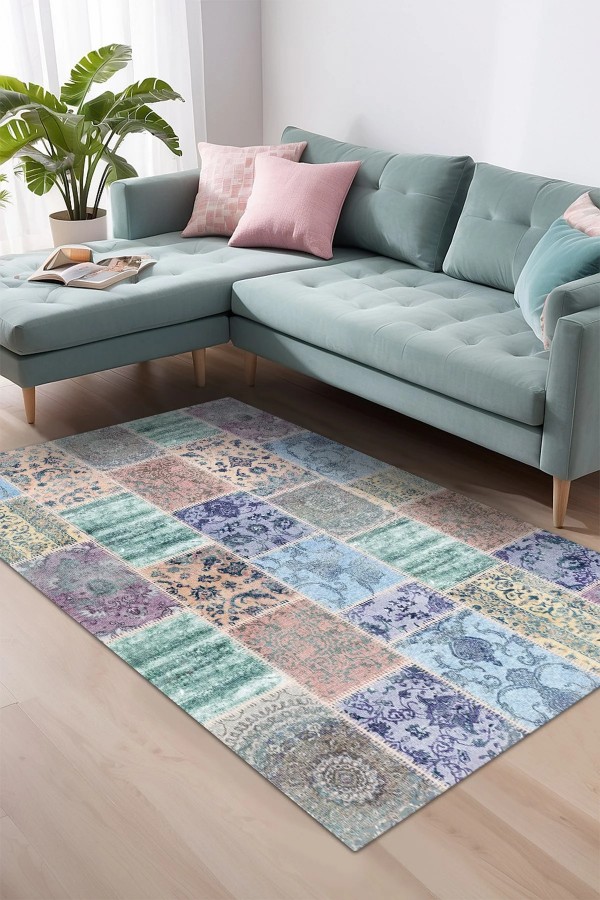 Ekos Patchwork Desenli Pamuk Tabanlı Yıkanabilen Kaydırmaz Antibakteriyel Şönil Salon Halısı