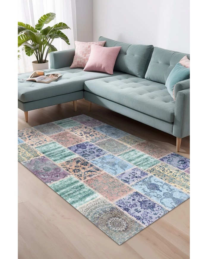 Ekos Patchwork Desenli Pamuk Tabanlı Yıkanabilen Kaydırmaz Antibakteriyel Şönil Salon Halısı