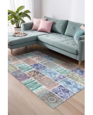 Ekos Patchwork Desenli Pamuk Tabanlı Yıkanabilen Kaydırmaz Antibakteriyel Şönil Salon Halısı
