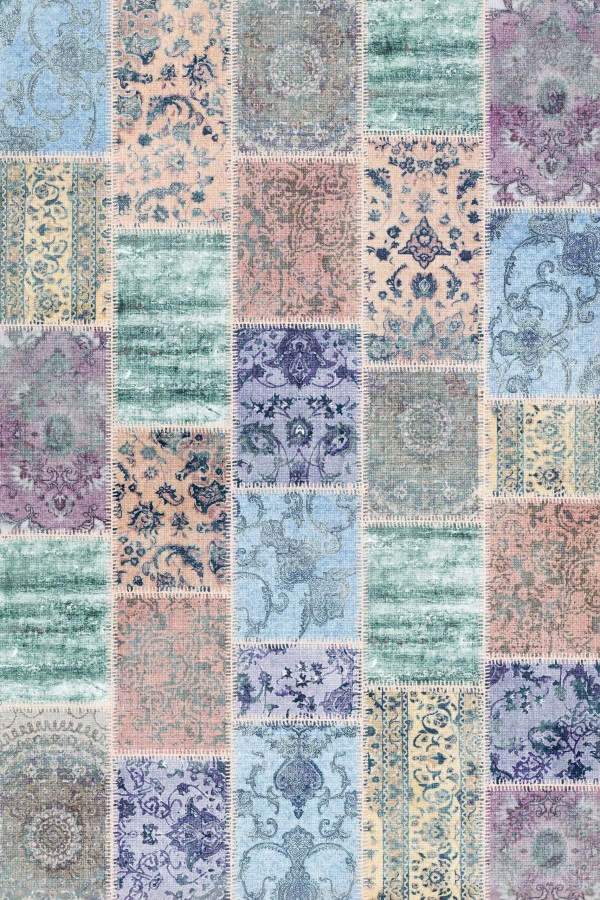 Ekos Patchwork Desenli Pamuk Tabanlı Yıkanabilen Kaydırmaz Antibakteriyel Şönil Salon Halısı