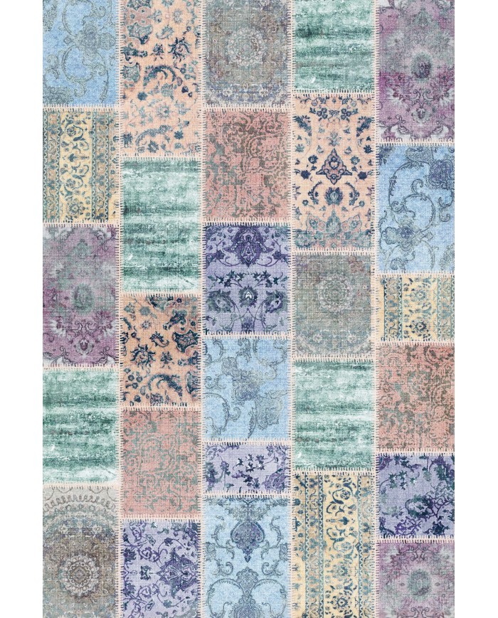 Ekos Patchwork Desenli Pamuk Tabanlı Yıkanabilen Kaydırmaz Antibakteriyel Şönil Salon Halısı