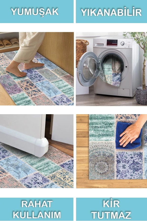 Ekos Patchwork Desenli Pamuk Tabanlı Yıkanabilen Kaydırmaz Antibakteriyel Şönil Salon Halısı