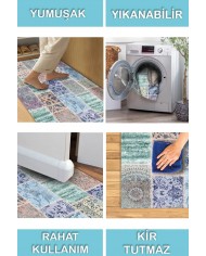 Ekos Patchwork Desenli Pamuk Tabanlı Yıkanabilen Kaydırmaz Antibakteriyel Şönil Salon Halısı