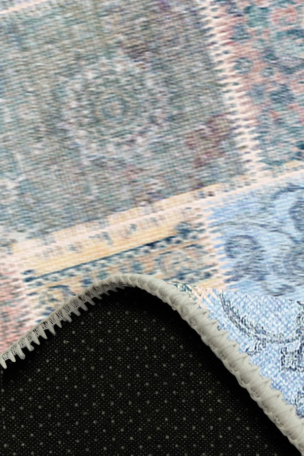 Ekos Patchwork Desenli Pamuk Tabanlı Yıkanabilen Kaydırmaz Antibakteriyel Şönil Salon Halısı
