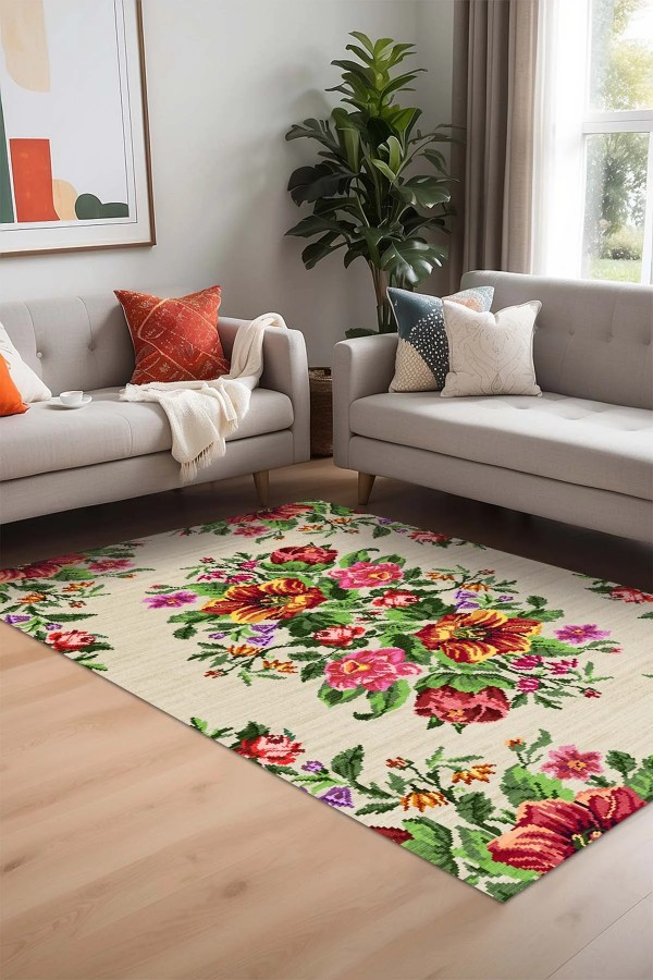 Enola Karabağ Desenli Pamuk Tabanlı Yıkanabilen Kaydırmaz Antibakteriyel Şönil Salon Halısı