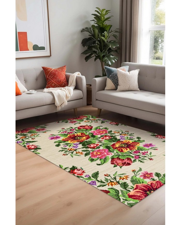 Enola Karabağ Desenli Pamuk Tabanlı Yıkanabilen Kaydırmaz Antibakteriyel Şönil Salon Halısı