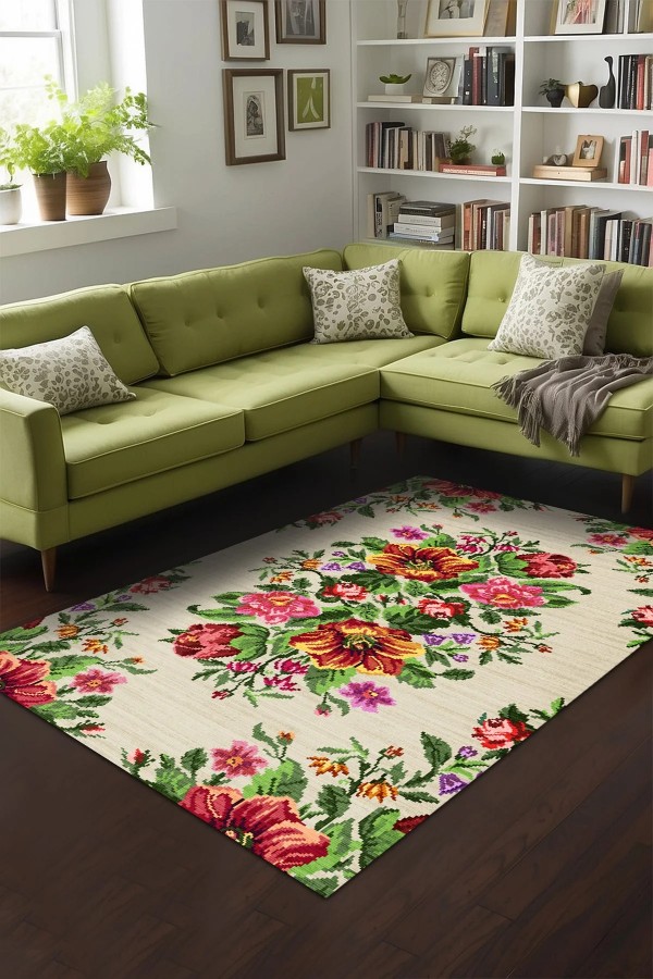 Enola Karabağ Desenli Pamuk Tabanlı Yıkanabilen Kaydırmaz Antibakteriyel Şönil Salon Halısı