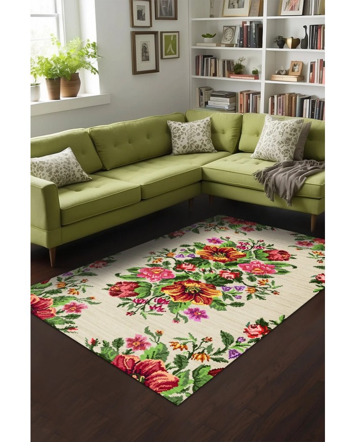 Enola Karabağ Desenli Pamuk Tabanlı Yıkanabilen Kaydırmaz Antibakteriyel Şönil Salon Halısı