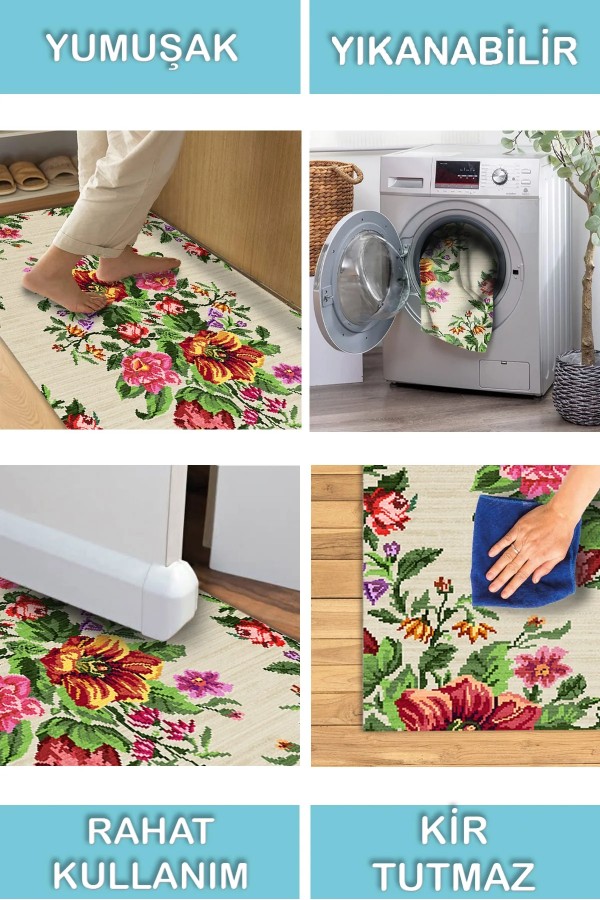 Enola Karabağ Desenli Pamuk Tabanlı Yıkanabilen Kaydırmaz Antibakteriyel Şönil Salon Halısı