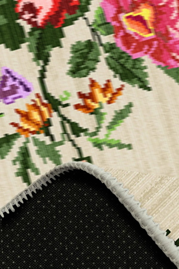 Enola Karabağ Desenli Pamuk Tabanlı Yıkanabilen Kaydırmaz Antibakteriyel Şönil Salon Halısı