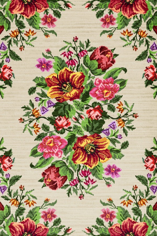 Enola Karabağ Desenli Pamuk Tabanlı Yıkanabilen Kaydırmaz Antibakteriyel Şönil Salon Halısı