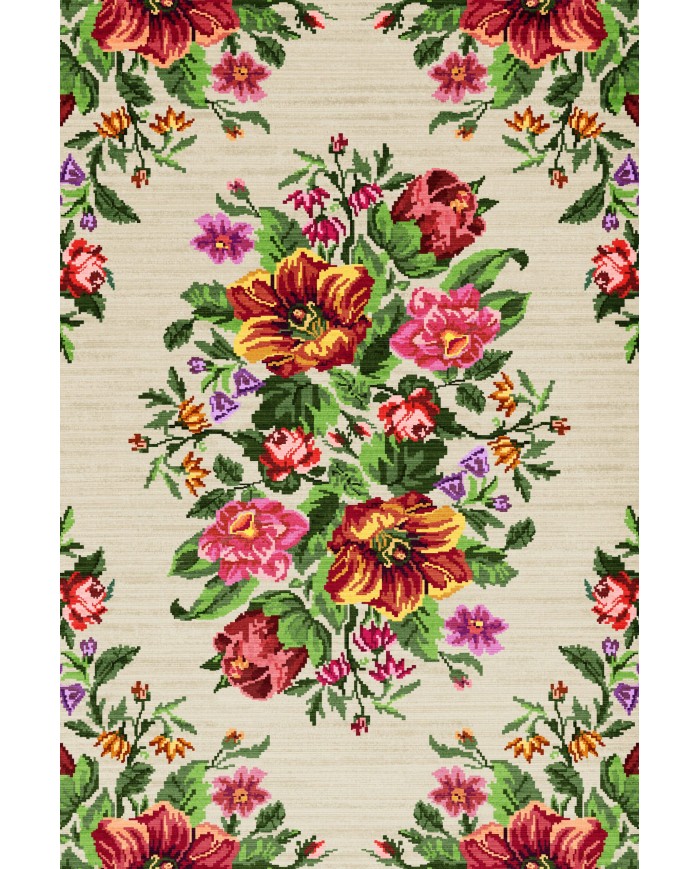 Enola Karabağ Desenli Pamuk Tabanlı Yıkanabilen Kaydırmaz Antibakteriyel Şönil Salon Halısı