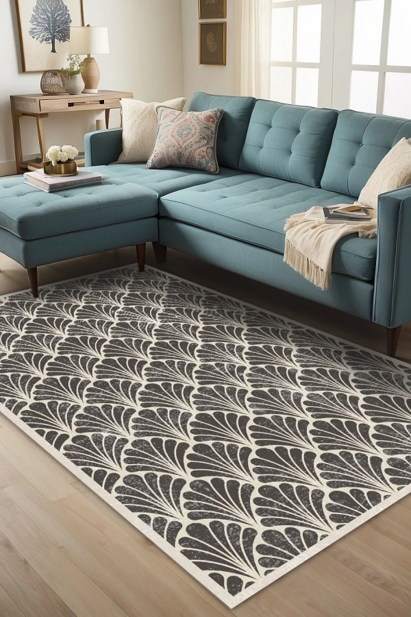 Ensel Desenli Pamuk Tabanlı Yıkanabilen Kaydırmaz Antibakteriyel Şönil Salon Halısı