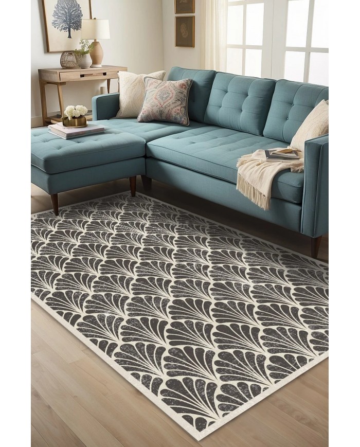 Ensel Desenli Pamuk Tabanlı Yıkanabilen Kaydırmaz Antibakteriyel Şönil Salon Halısı