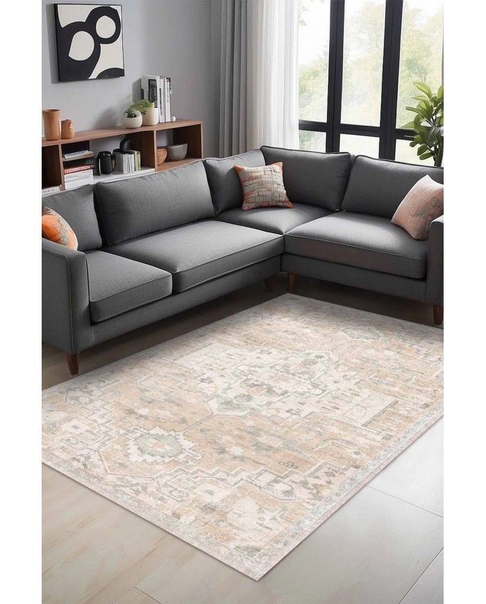 Gimce Vıntage Desenli Pamuk Tabanlı Yıkanabilen Kaydırmaz Antibakteriyel Şönil Salon Halısı