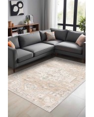 Gimce Vıntage Desenli Pamuk Tabanlı Yıkanabilen Kaydırmaz Antibakteriyel Şönil Salon Halısı