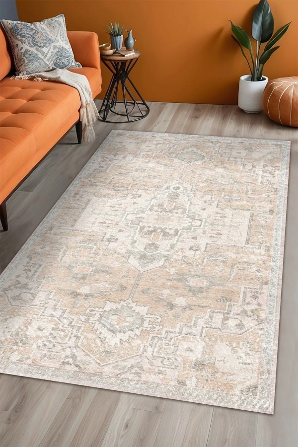 Gimce Vıntage Desenli Pamuk Tabanlı Yıkanabilen Kaydırmaz Antibakteriyel Şönil Salon Halısı