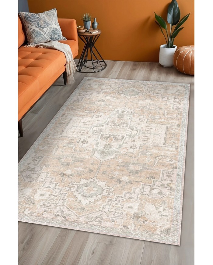 Gimce Vıntage Desenli Pamuk Tabanlı Yıkanabilen Kaydırmaz Antibakteriyel Şönil Salon Halısı
