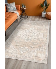 Gimce Vıntage Desenli Pamuk Tabanlı Yıkanabilen Kaydırmaz Antibakteriyel Şönil Salon Halısı