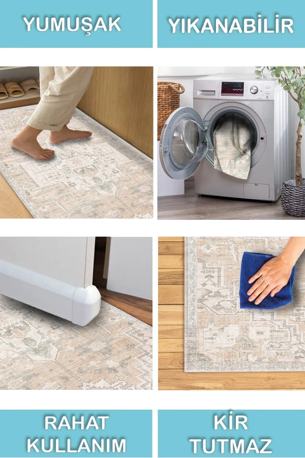 Gimce Vıntage Desenli Pamuk Tabanlı Yıkanabilen Kaydırmaz Antibakteriyel Şönil Salon Halısı