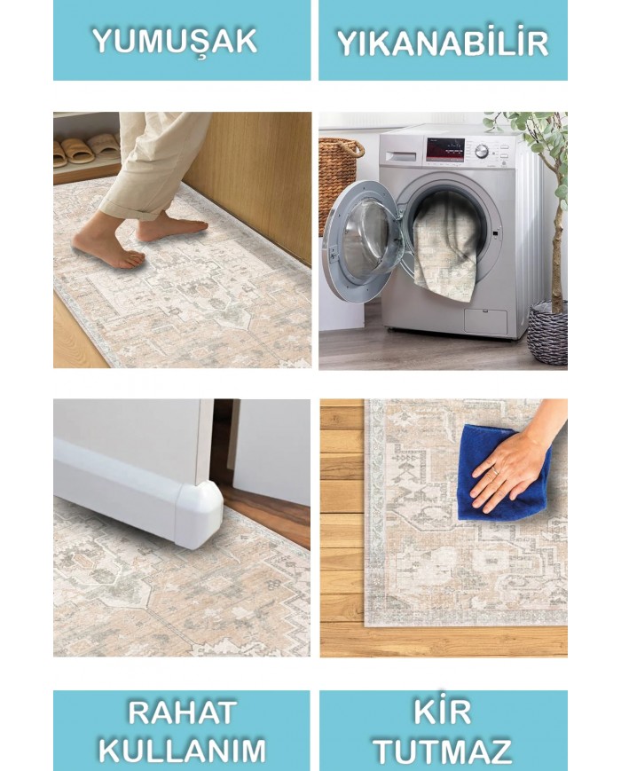 Gimce Vıntage Desenli Pamuk Tabanlı Yıkanabilen Kaydırmaz Antibakteriyel Şönil Salon Halısı