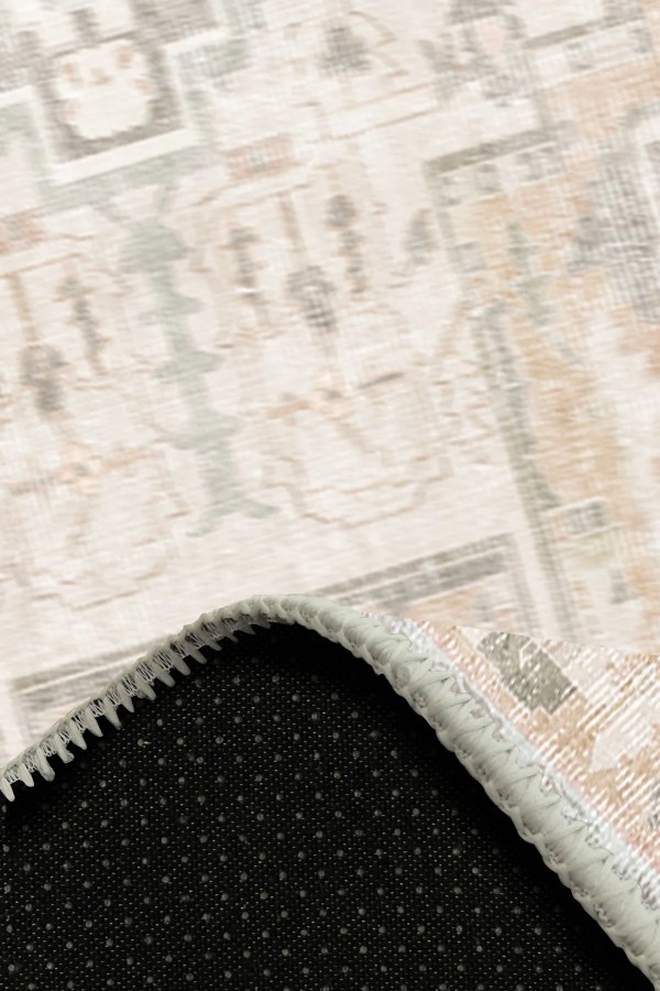 Gimce Vıntage Desenli Pamuk Tabanlı Yıkanabilen Kaydırmaz Antibakteriyel Şönil Salon Halısı