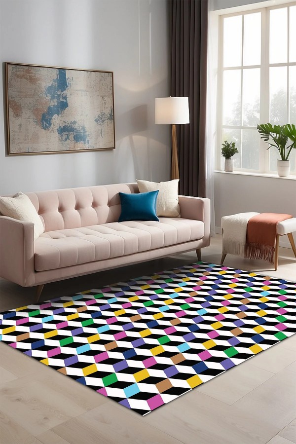 Glimmer Desenli Pamuk Tabanlı Yıkanabilen Kaydırmaz Antibakteriyel Şönil Salon Halısı