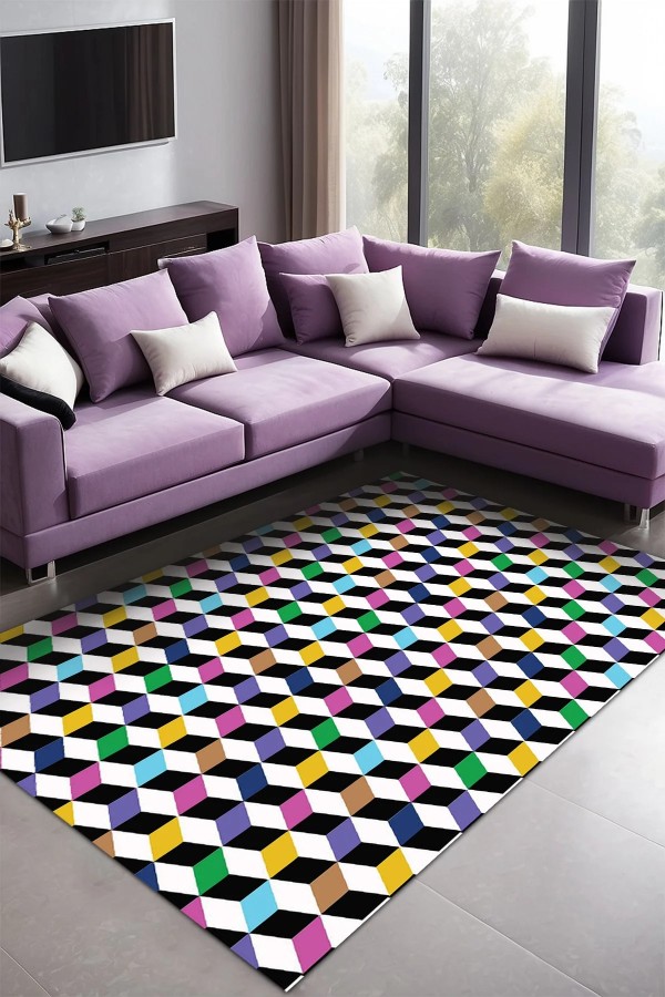 Glimmer Desenli Pamuk Tabanlı Yıkanabilen Kaydırmaz Antibakteriyel Şönil Salon Halısı