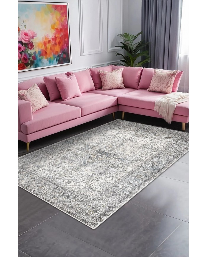 Lush Vıntage Desenli Pamuk Tabanlı Yıkanabilen Kaydırmaz Antibakteriyel Şönil Salon Halısı