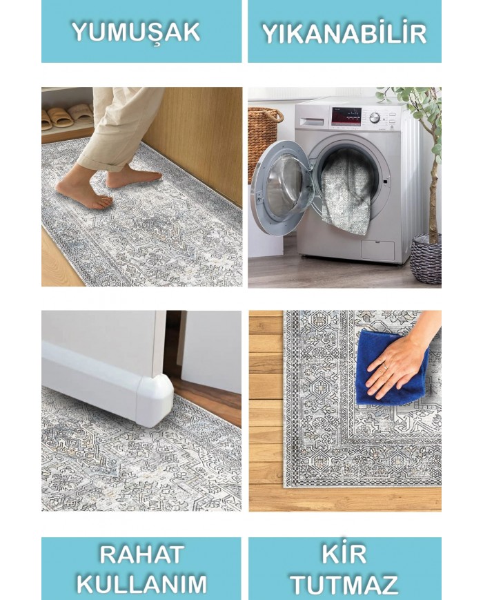 Lush Vıntage Desenli Pamuk Tabanlı Yıkanabilen Kaydırmaz Antibakteriyel Şönil Salon Halısı