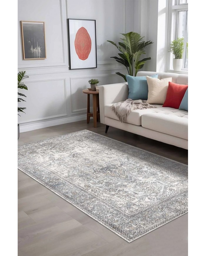 Lush Vıntage Desenli Pamuk Tabanlı Yıkanabilen Kaydırmaz Antibakteriyel Şönil Salon Halısı