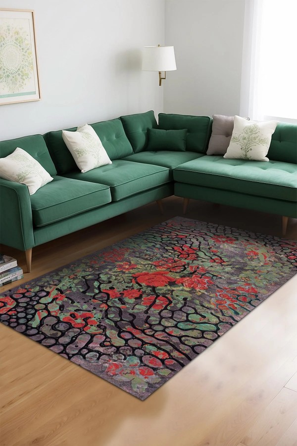 Melin Modern Desenli Pamuk Tabanlı Yıkanabilen Kaydırmaz Antibakteriyel Şönil Salon Halısı