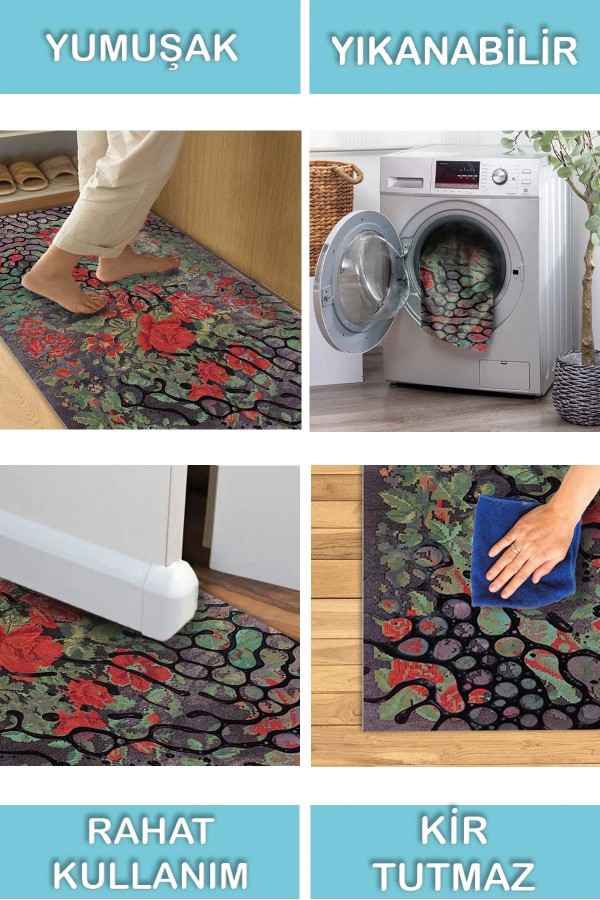 Melin Modern Desenli Pamuk Tabanlı Yıkanabilen Kaydırmaz Antibakteriyel Şönil Salon Halısı