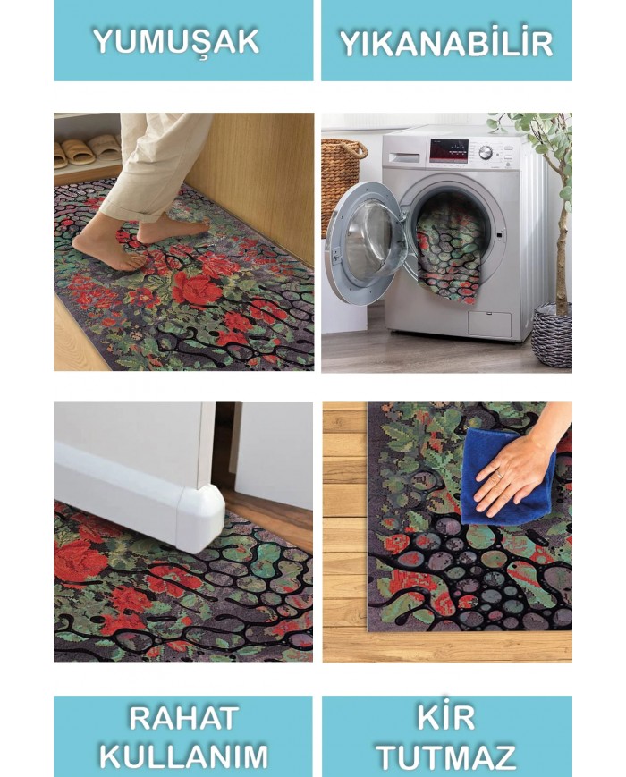 Melin Modern Desenli Pamuk Tabanlı Yıkanabilen Kaydırmaz Antibakteriyel Şönil Salon Halısı