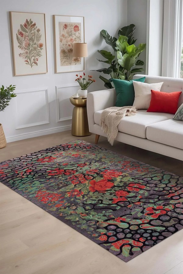 Melin Modern Desenli Pamuk Tabanlı Yıkanabilen Kaydırmaz Antibakteriyel Şönil Salon Halısı