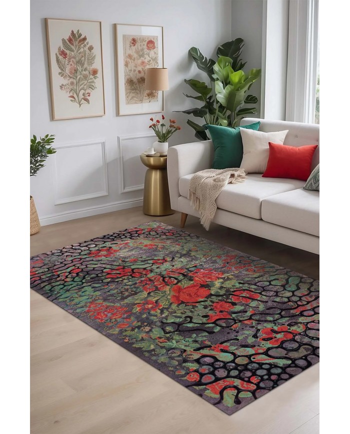 Melin Modern Desenli Pamuk Tabanlı Yıkanabilen Kaydırmaz Antibakteriyel Şönil Salon Halısı