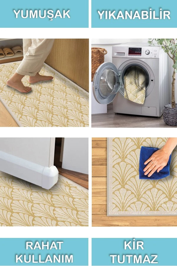 Mustard Desenli Pamuk Tabanlı Yıkanabilen Kaydırmaz Antibakteriyel Şönil Salon Halısı