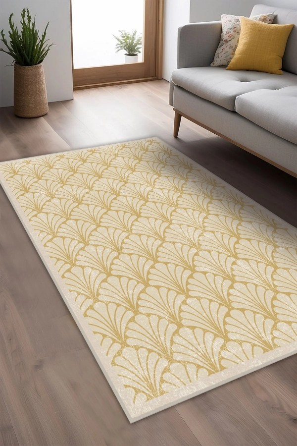 Mustard Desenli Pamuk Tabanlı Yıkanabilen Kaydırmaz Antibakteriyel Şönil Salon Halısı