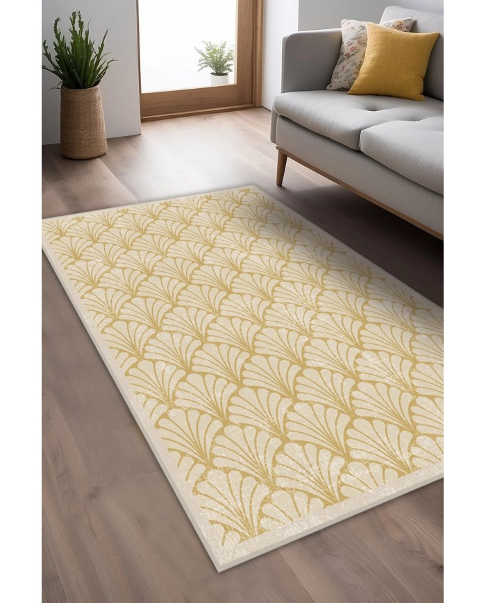 Mustard Desenli Pamuk Tabanlı Yıkanabilen Kaydırmaz Antibakteriyel Şönil Salon Halısı