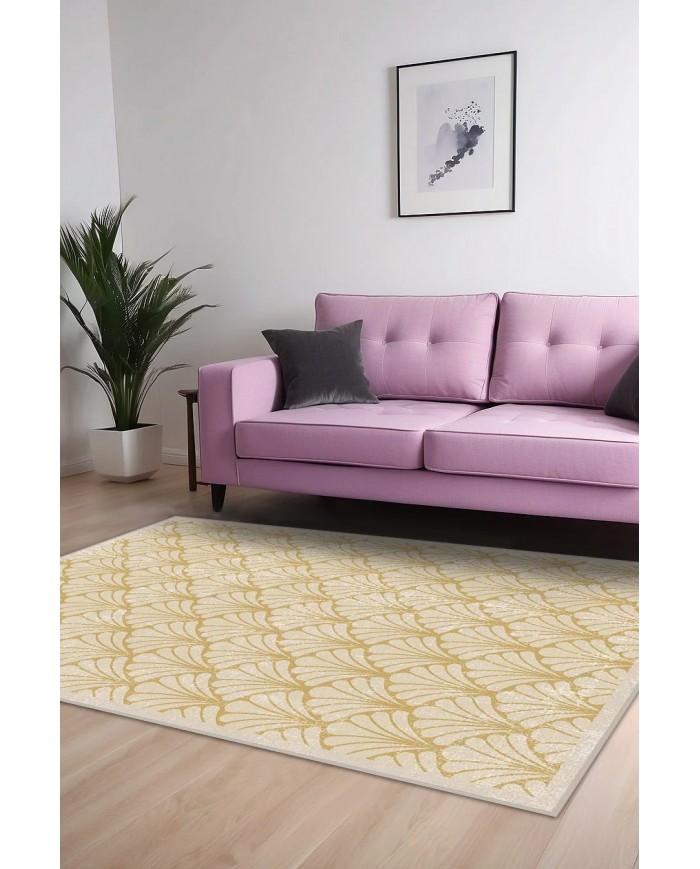 Mustard Desenli Pamuk Tabanlı Yıkanabilen Kaydırmaz Antibakteriyel Şönil Salon Halısı