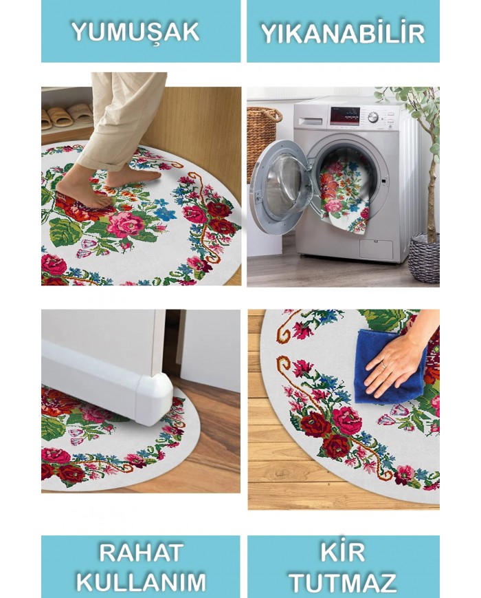 Rifa Şönil Pamuk Tabanlı, Kaydırmaz, Yıkanabilen, Antibakteriyel, Yuvarlak Salon Halısı, Mutfak