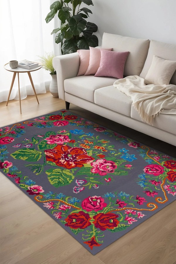 Rosef Karabağ Desenli Pamuk Tabanlı Yıkanabilen Kaydırmaz Antibakteriyel Şönil Salon Halısı