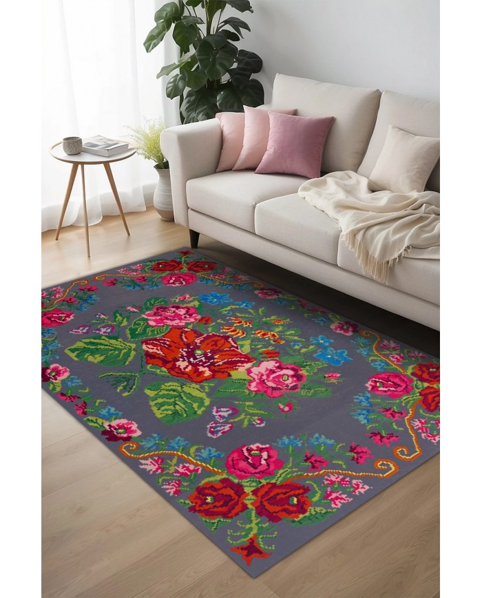 Rosef Karabağ Desenli Pamuk Tabanlı Yıkanabilen Kaydırmaz Antibakteriyel Şönil Salon Halısı