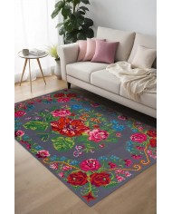 Rosef Karabağ Desenli Pamuk Tabanlı Yıkanabilen Kaydırmaz Antibakteriyel Şönil Salon Halısı