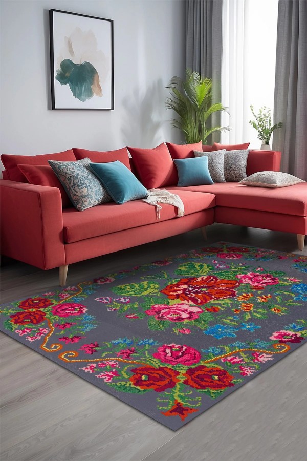 Rosef Karabağ Desenli Pamuk Tabanlı Yıkanabilen Kaydırmaz Antibakteriyel Şönil Salon Halısı