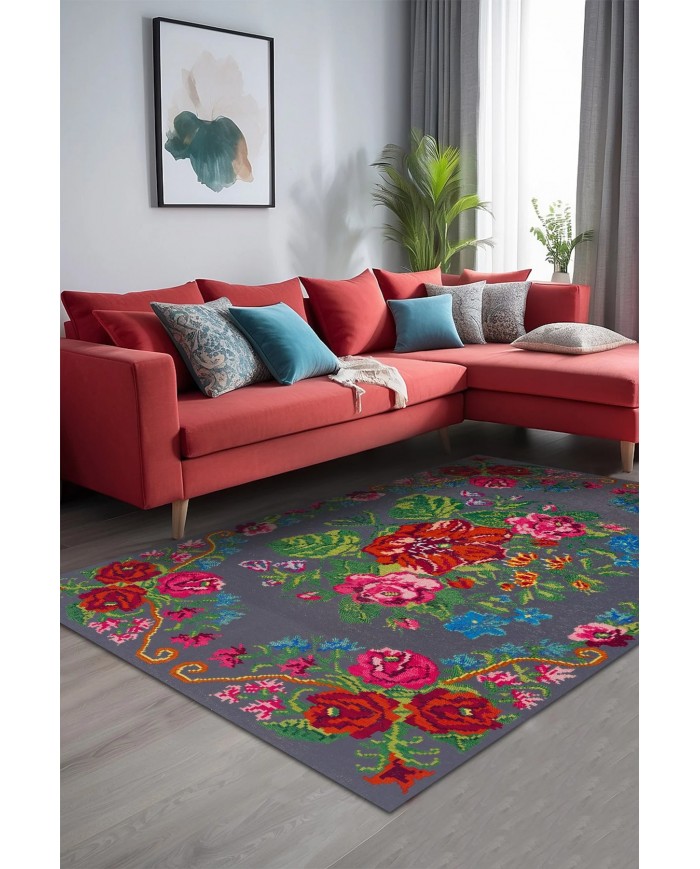 Rosef Karabağ Desenli Pamuk Tabanlı Yıkanabilen Kaydırmaz Antibakteriyel Şönil Salon Halısı