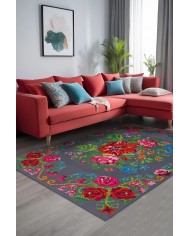 Rosef Karabağ Desenli Pamuk Tabanlı Yıkanabilen Kaydırmaz Antibakteriyel Şönil Salon Halısı