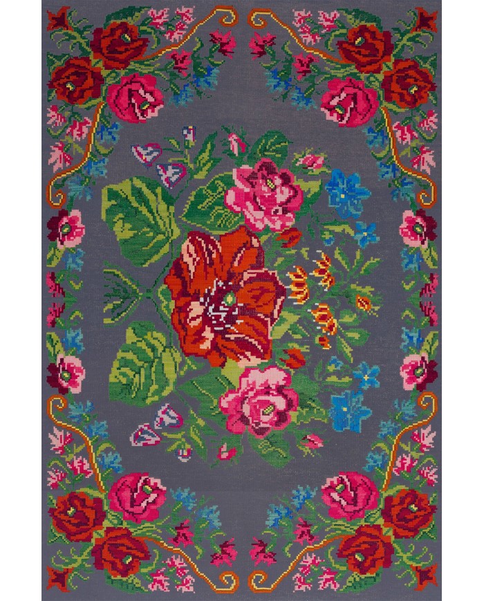 Rosef Karabağ Desenli Pamuk Tabanlı Yıkanabilen Kaydırmaz Antibakteriyel Şönil Salon Halısı