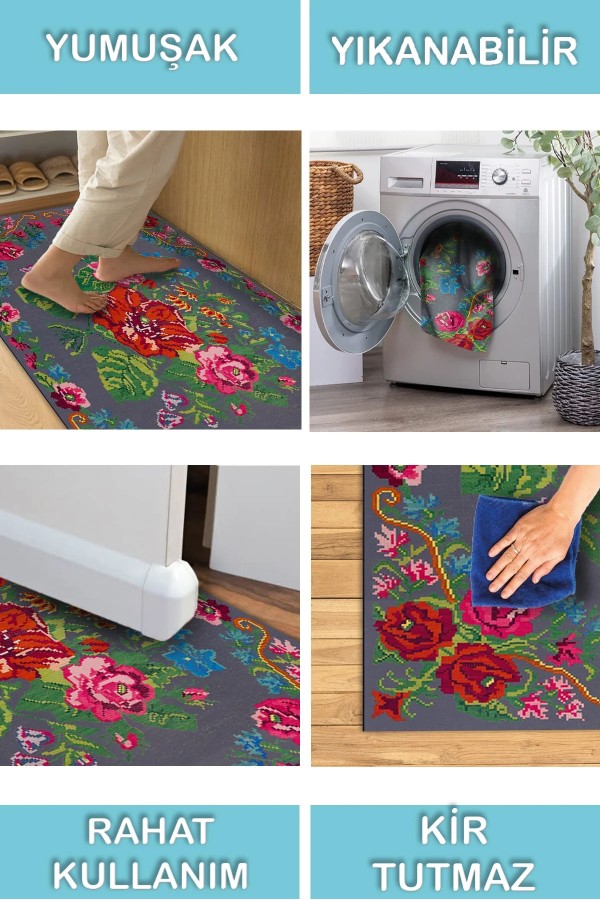 Rosef Karabağ Desenli Pamuk Tabanlı Yıkanabilen Kaydırmaz Antibakteriyel Şönil Salon Halısı